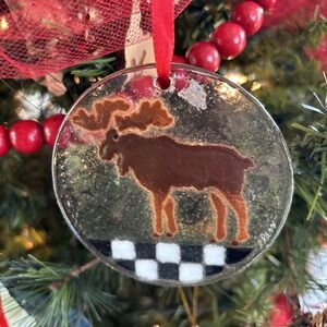 Moose Hanging Suncatcher Ornament with Ribbon Hand Painted Fused Glass 3.25"